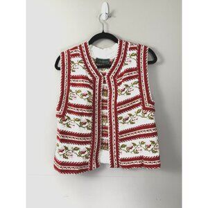 VTG Cullinane Crochet Floral S Sweater Vest Red Green Granny Holiday Grandma Fit
